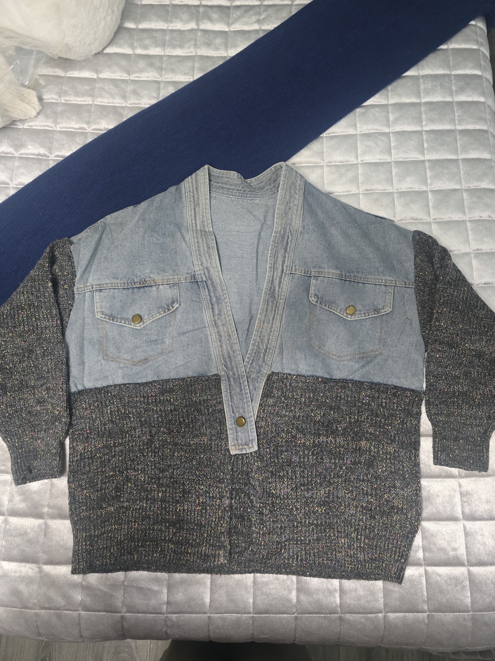 Women's Mixed-Media V-Neck Sweater Jacket in Denim and Charcoal